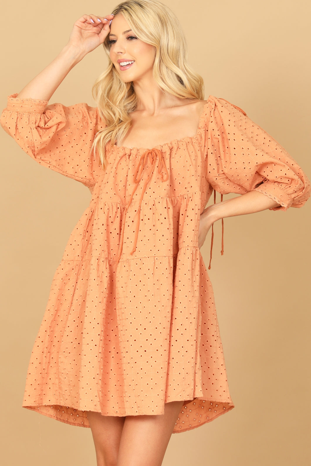 orange eyelet dress Abby Off-Shoulder Tie-Up Back Dress Eyelet Embroidery Dress Orange
